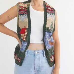 Vintage Robert Scott Green Scenic Knit Cotton Cabin Moose Landscape Vest SP
